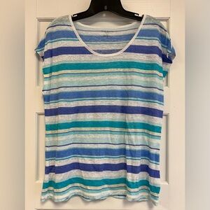Talbots 100% Linen Striped Short Sleeve Top sz L Petite Blue Teal Mint White